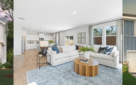 A house with a pool and a couch in the front.