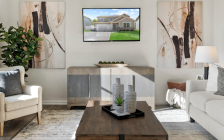 A living room with a large window.