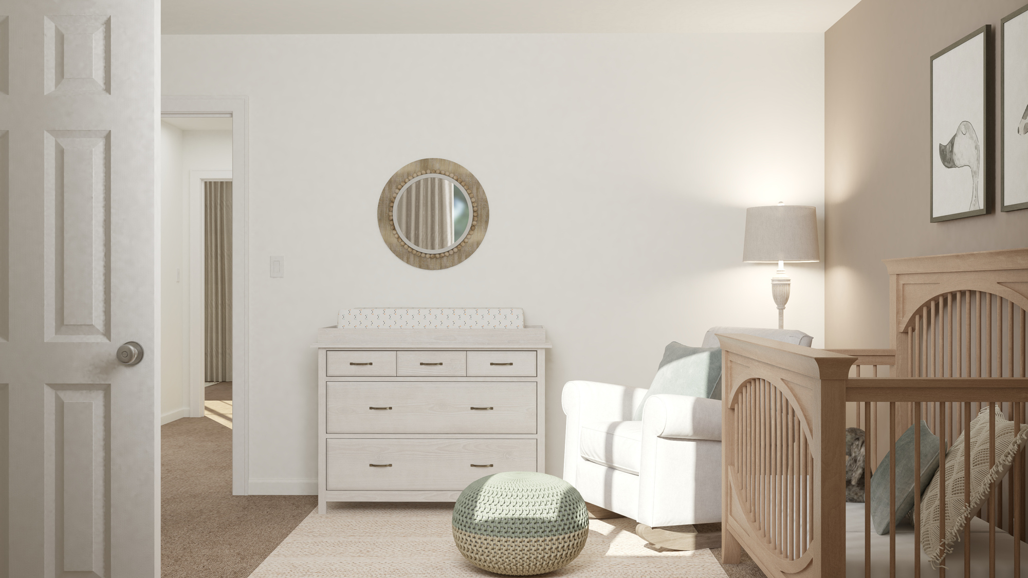 A room with a mirror and a bed.