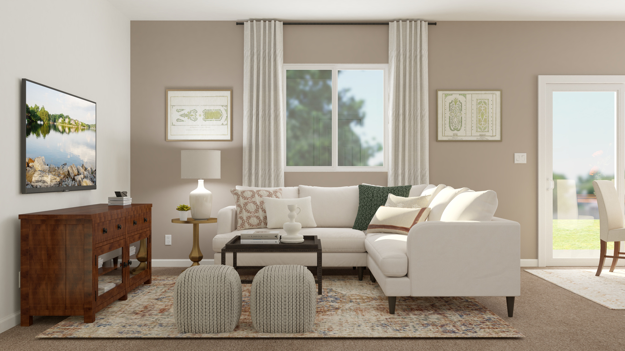 A living room with a white couch and a table.