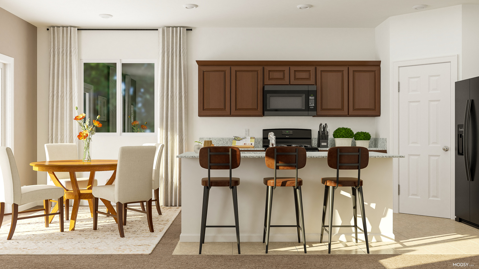 A kitchen with a dining table and chairs.