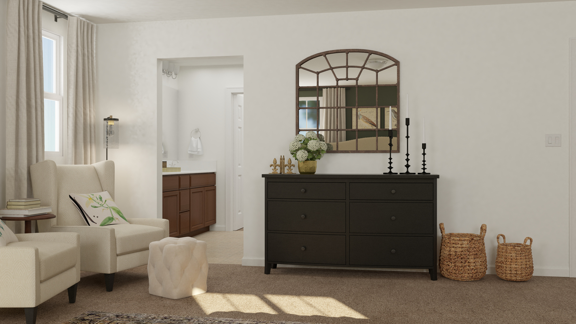 A room with a mirror and furniture.