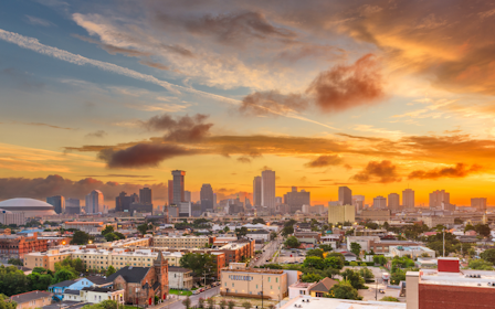 A city with a sunset.