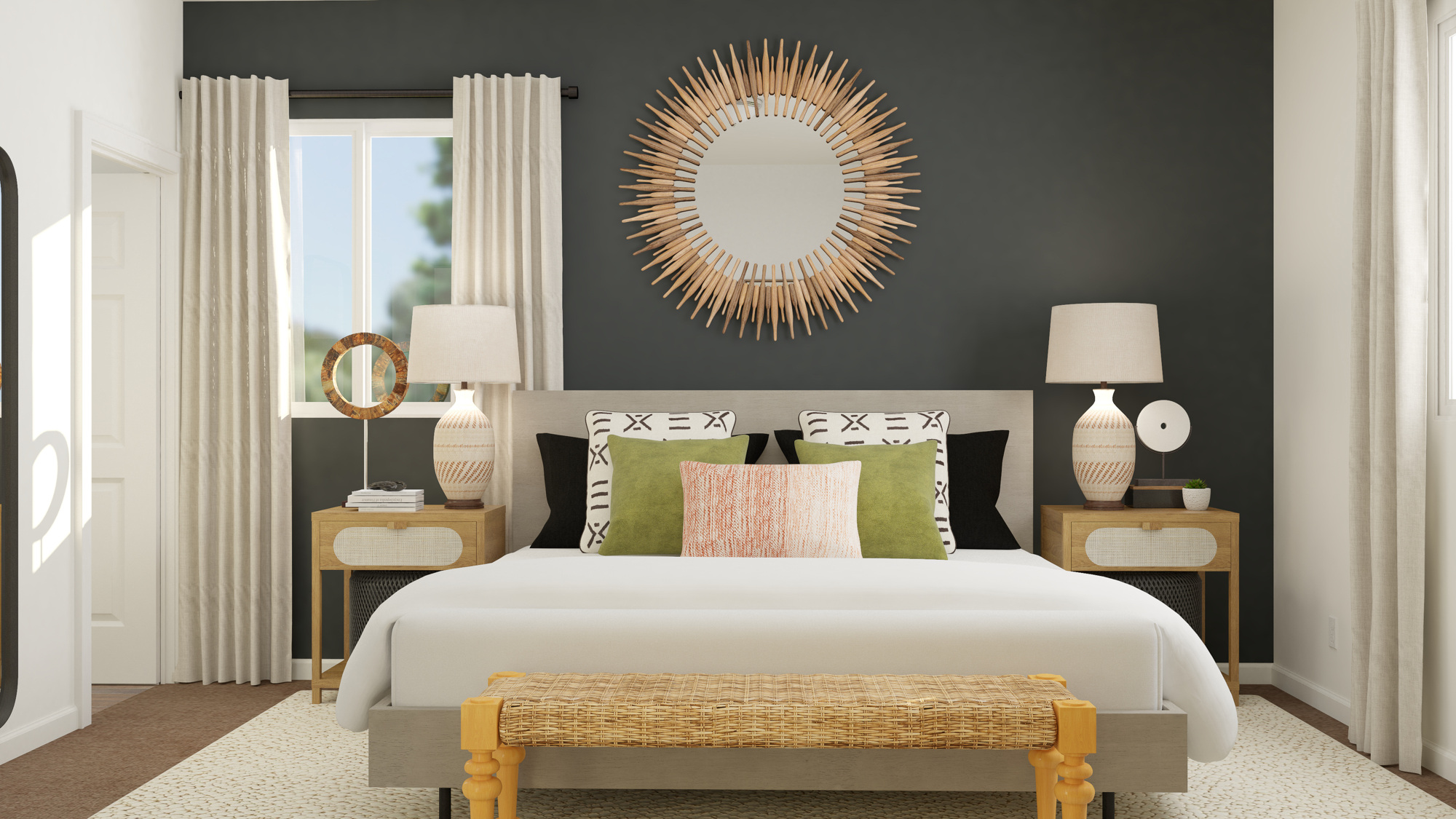 A bed with a round mirror.