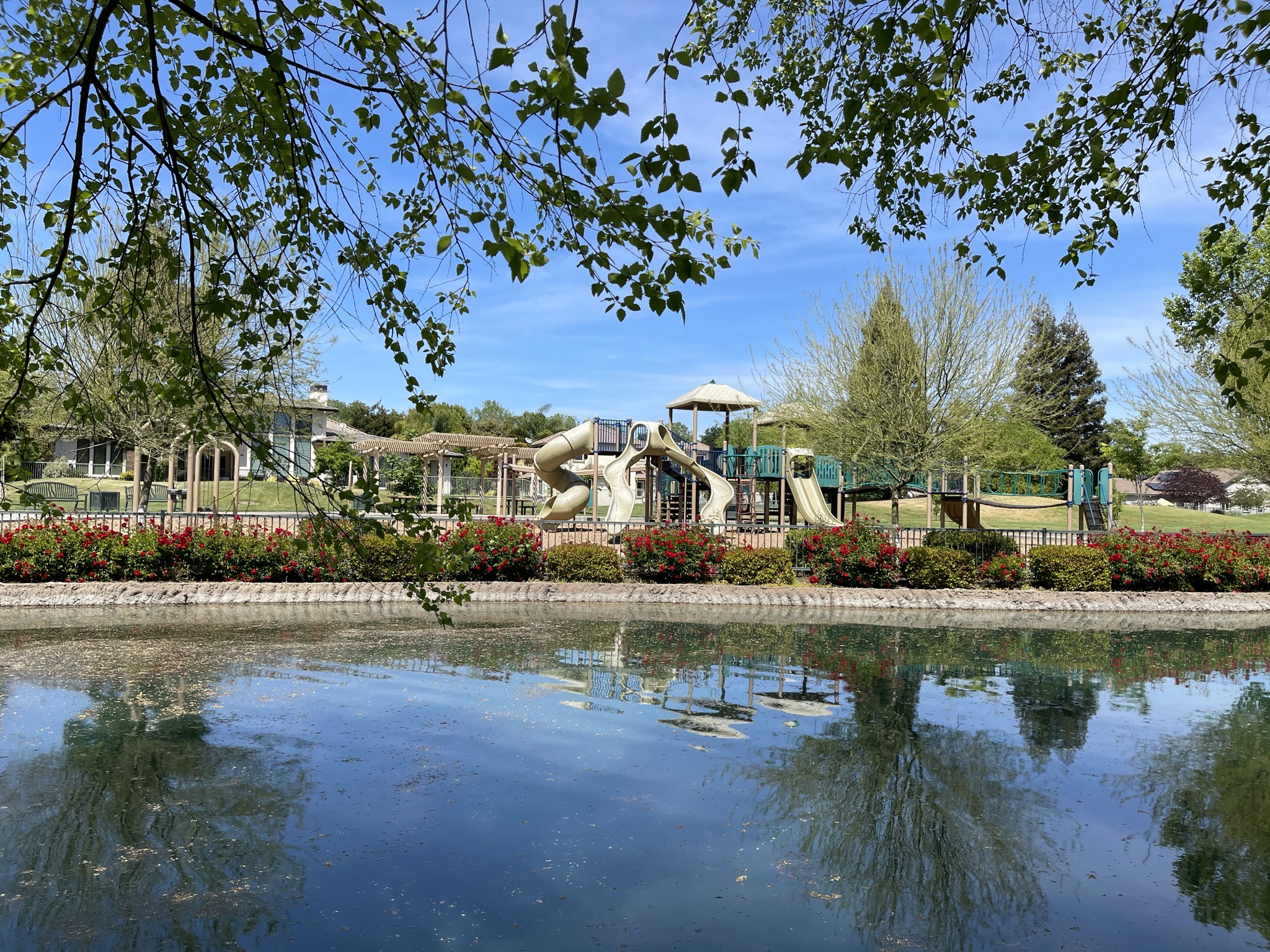 A building with a pond in front of it.