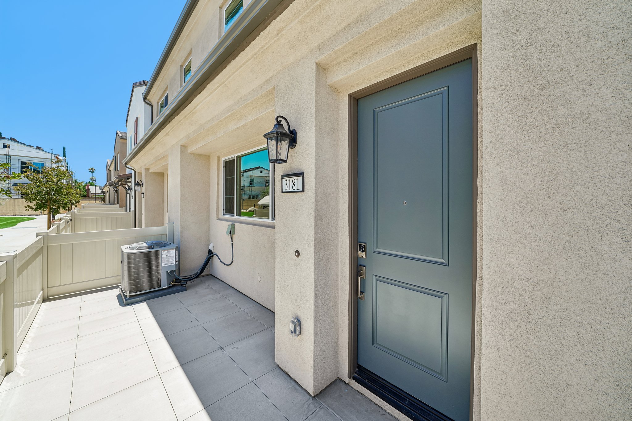 A building with a blue door.