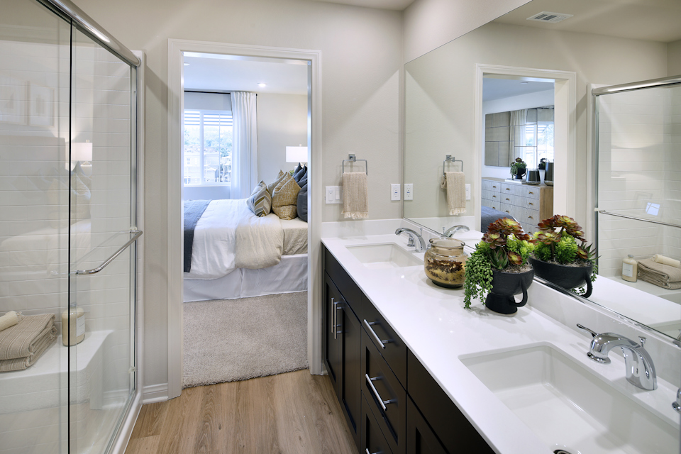 A bathroom with a glass shower.