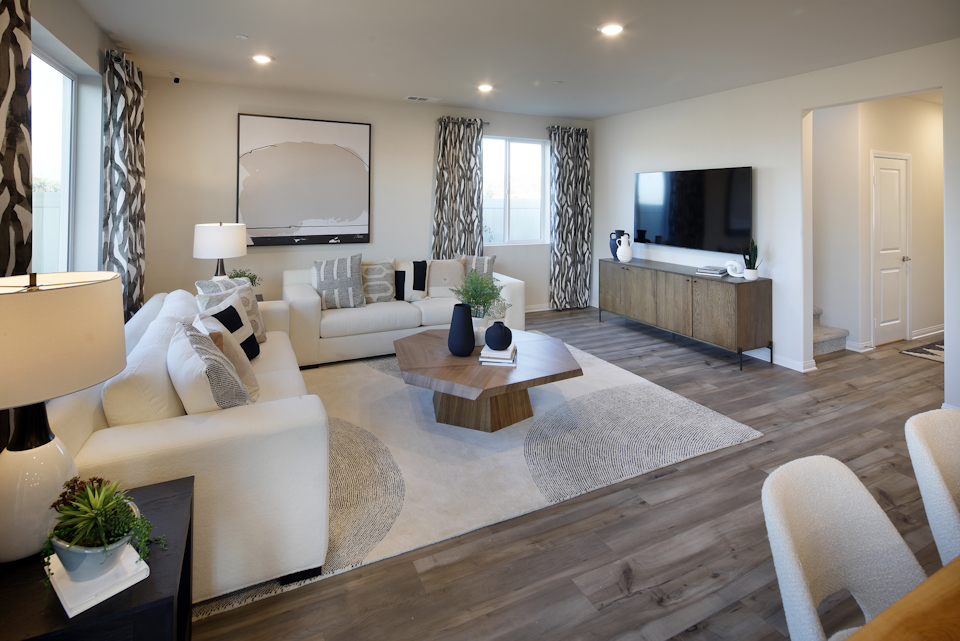 A living room with a large rug.