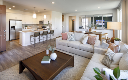 A living room with a large kitchen.