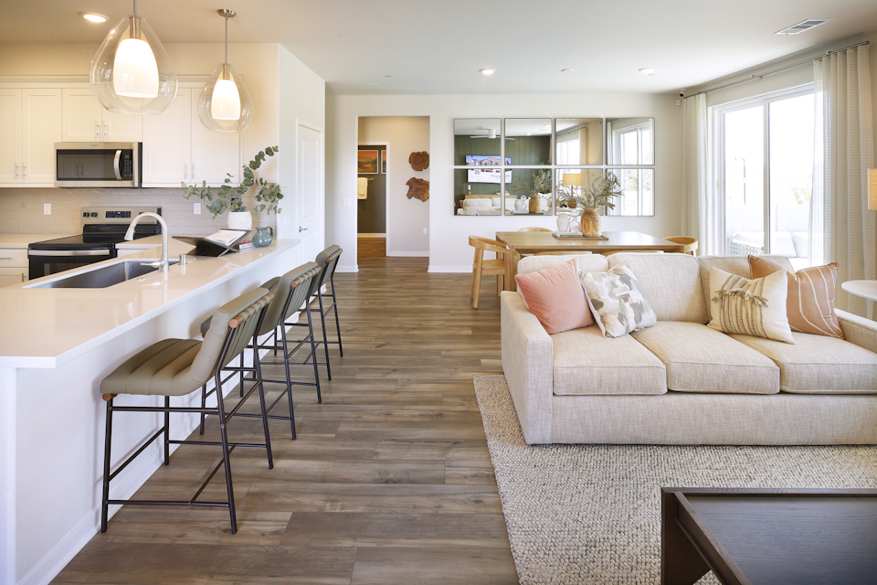 A large kitchen and dining room.