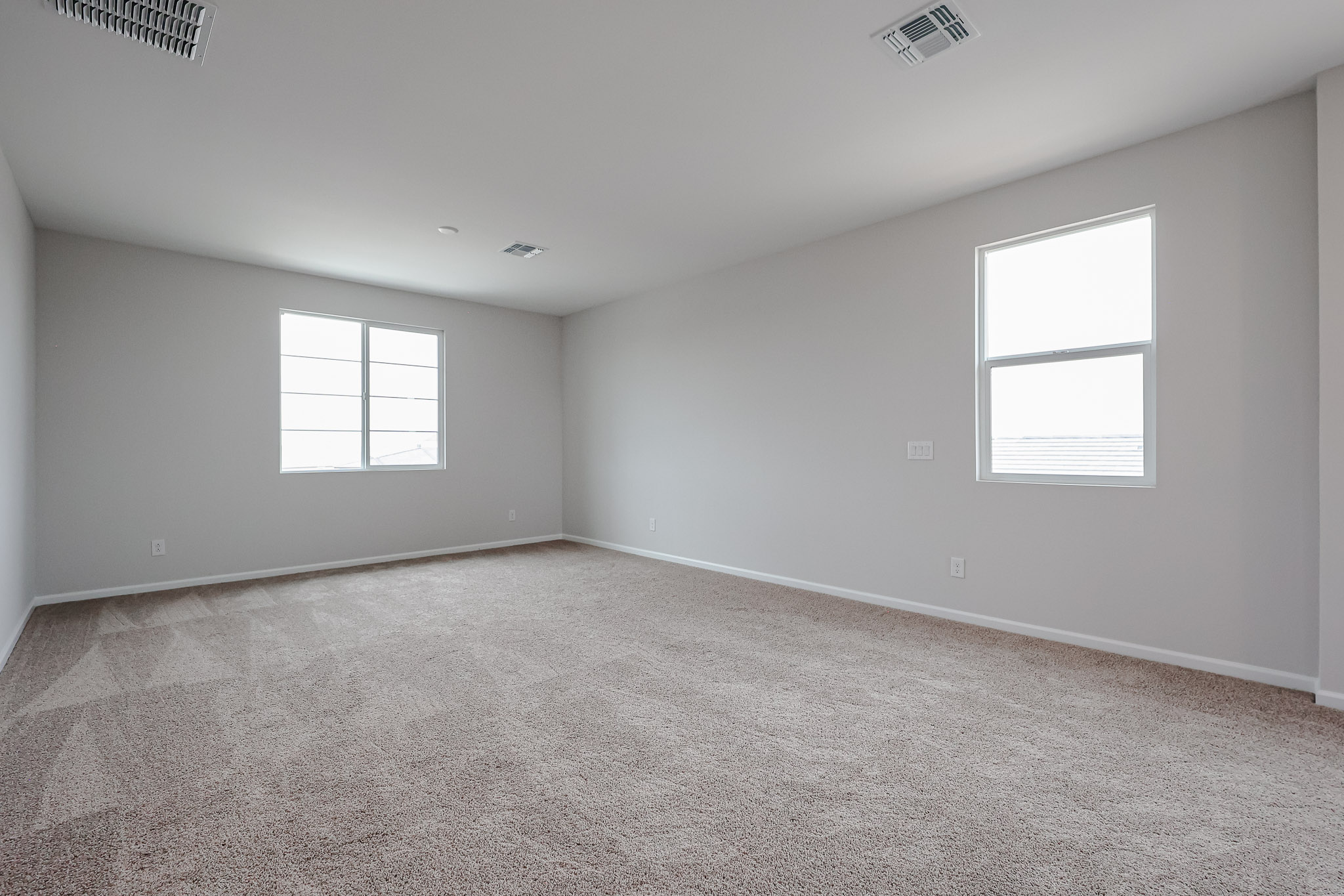 A room with a carpet and windows.