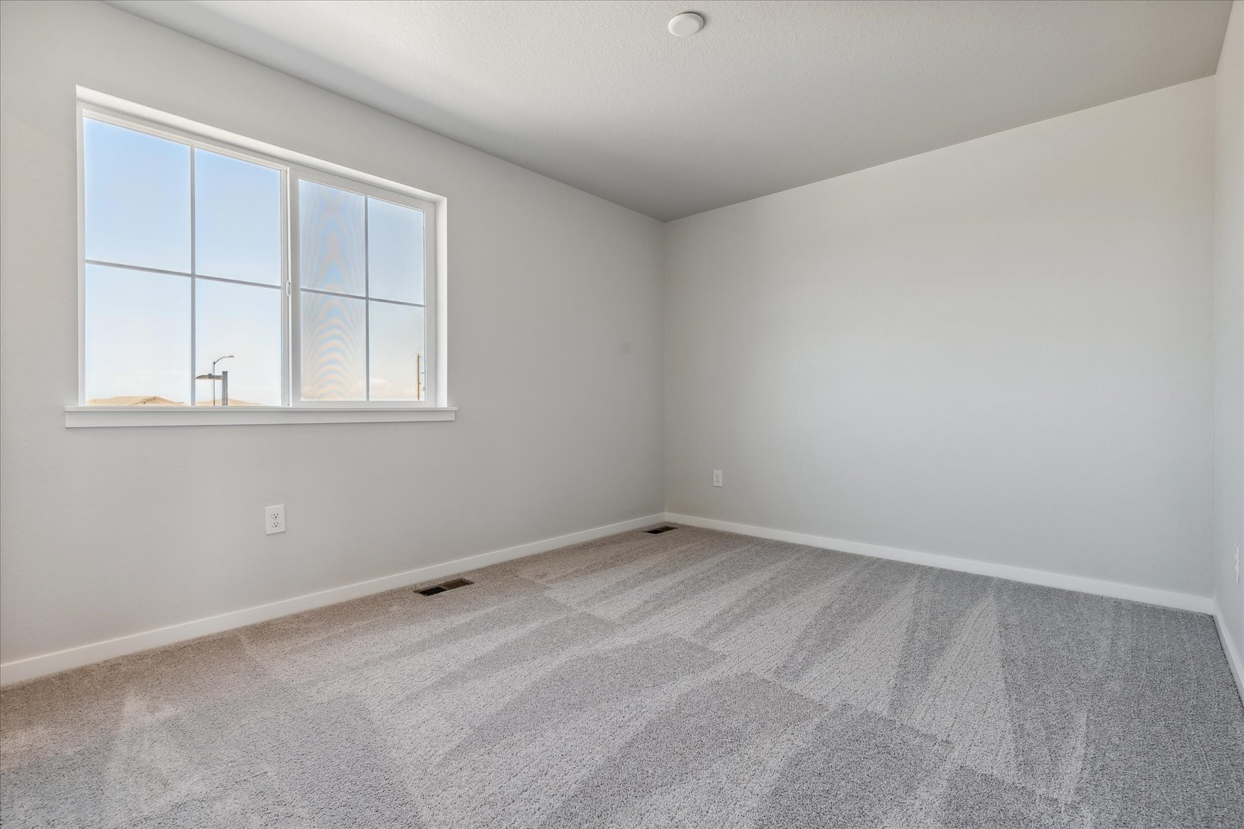 A room with a window and a carpet.