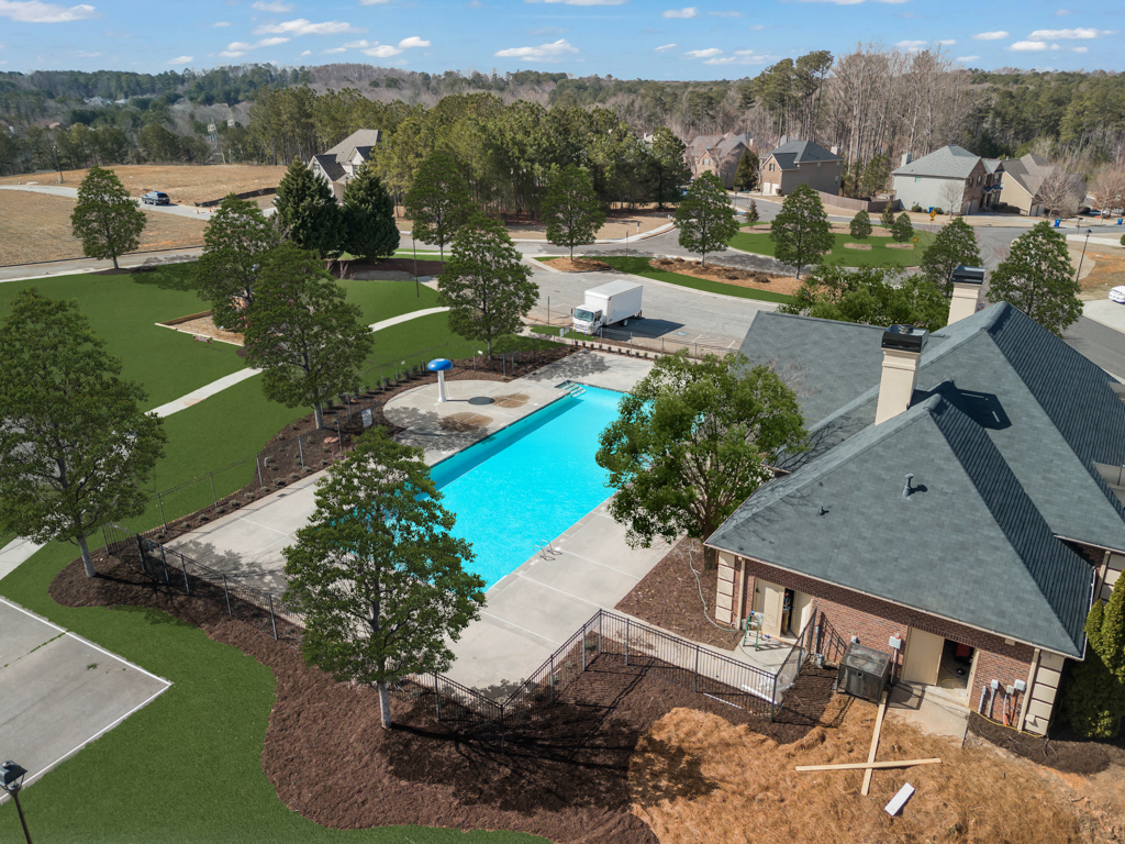 A high angle view of a swimming pool.