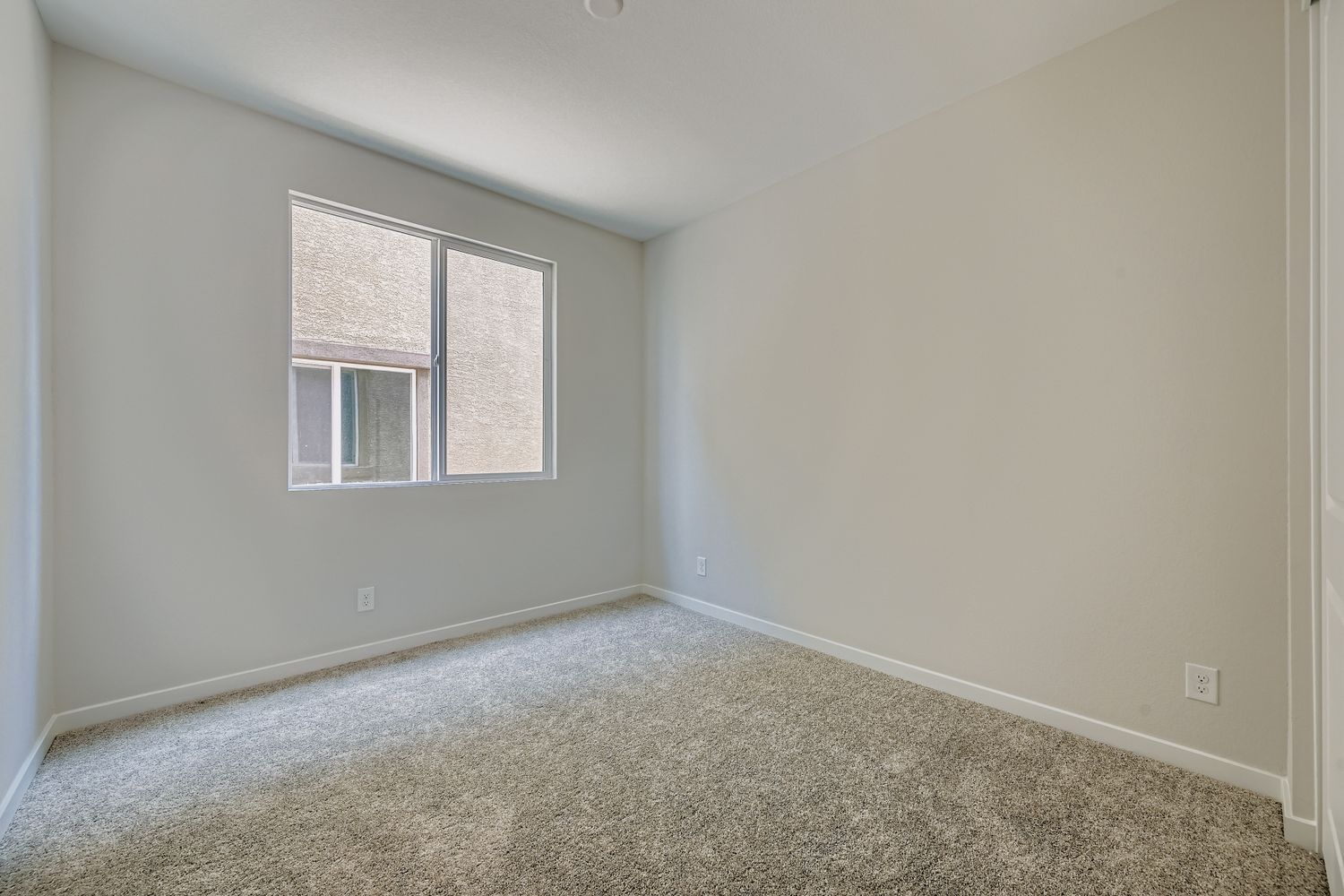 A room with a carpet and a window.