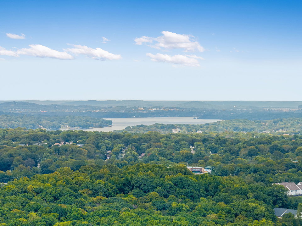 A landscape with trees and buildings.
