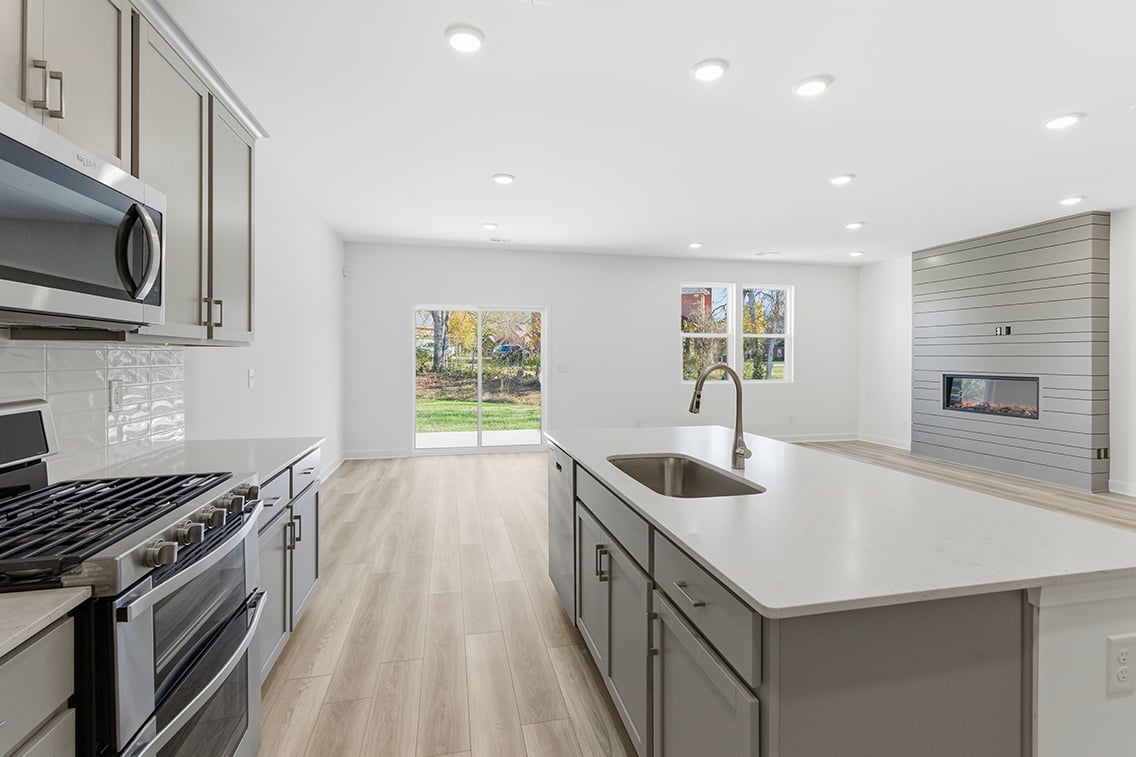 A kitchen with white cabinets.