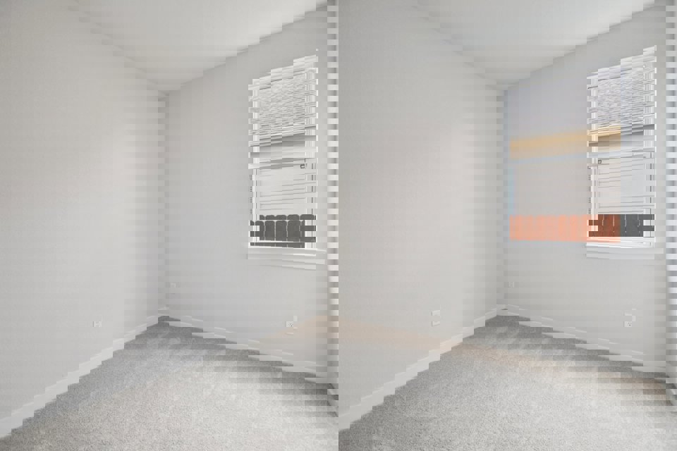 A room with a window and a rug.