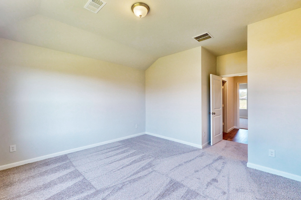 A room with a carpet and a light on the ceiling.