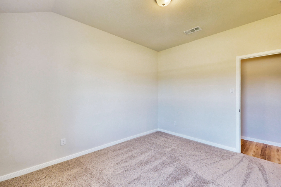 A room with a carpet and a mirror.