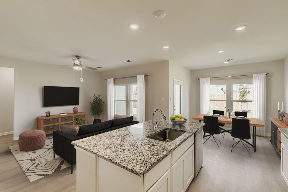 A kitchen and living room.