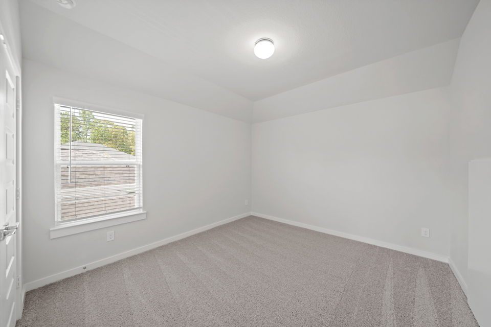 A room with a carpet and a window.