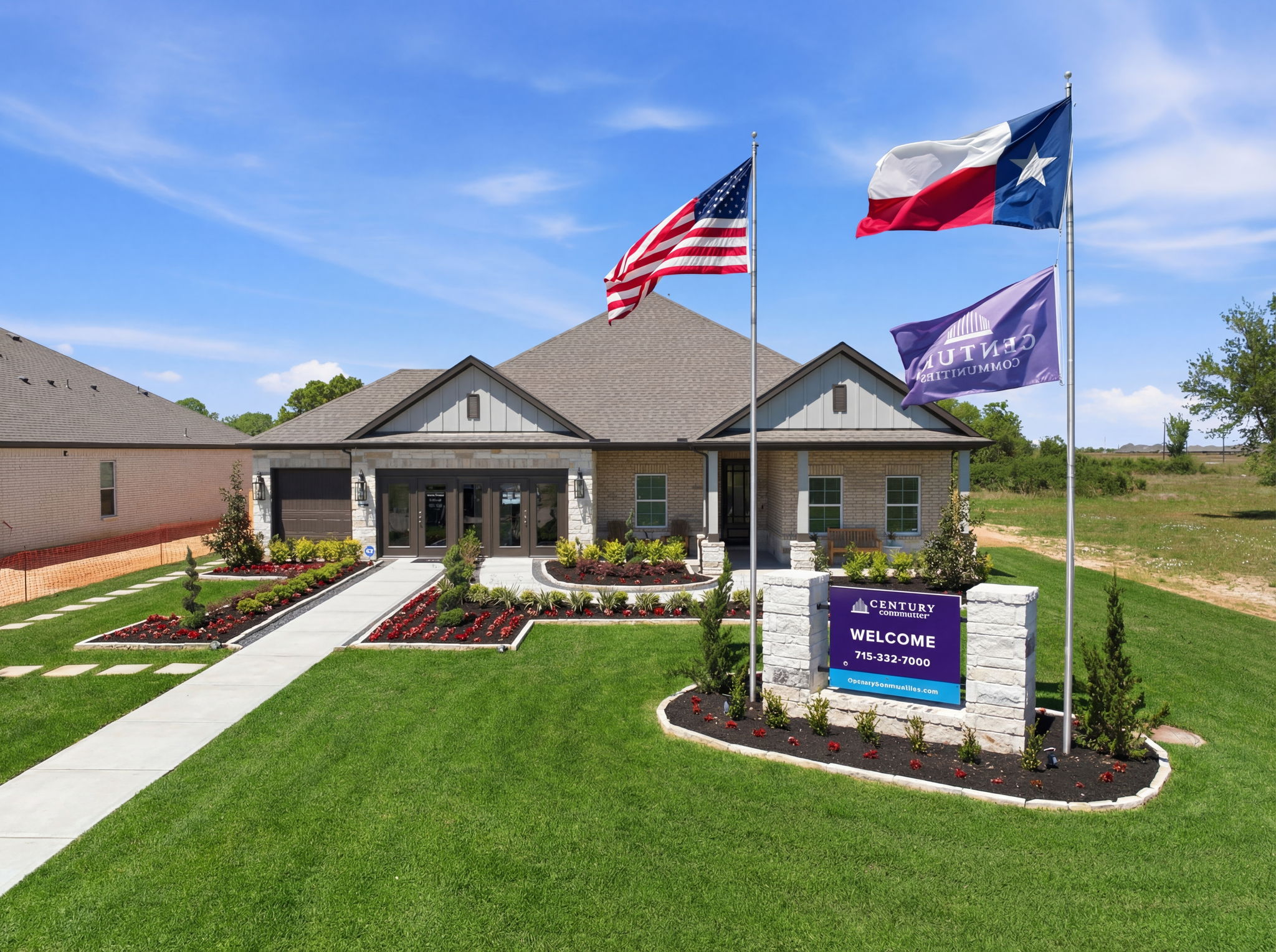 A house with flags in front.