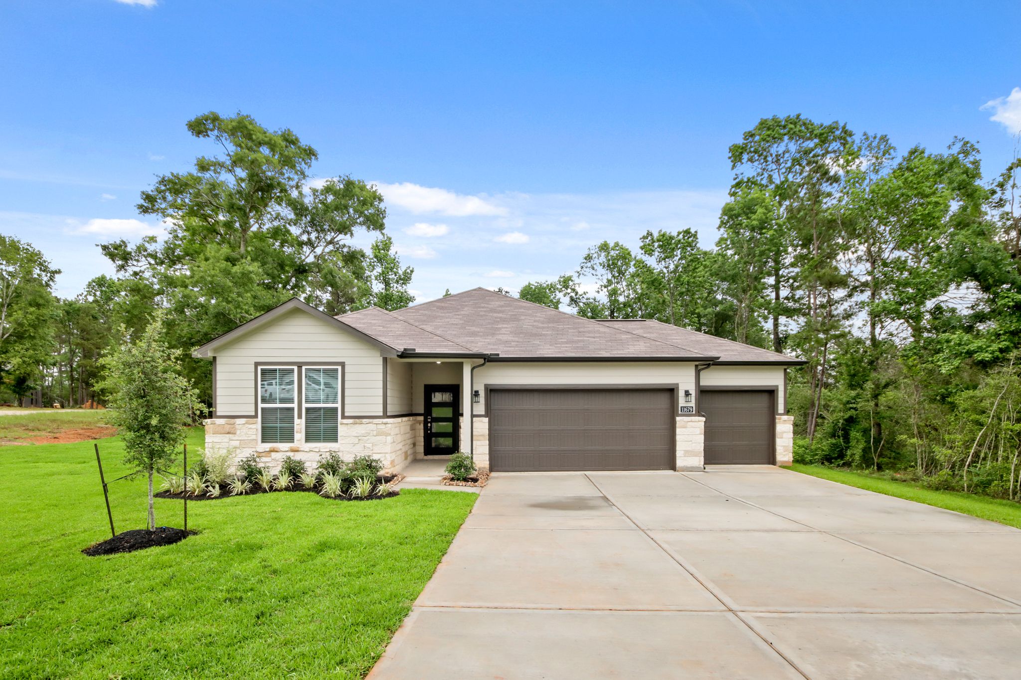 A house with a driveway and trees.