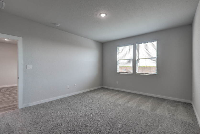 A room with a carpet and windows.