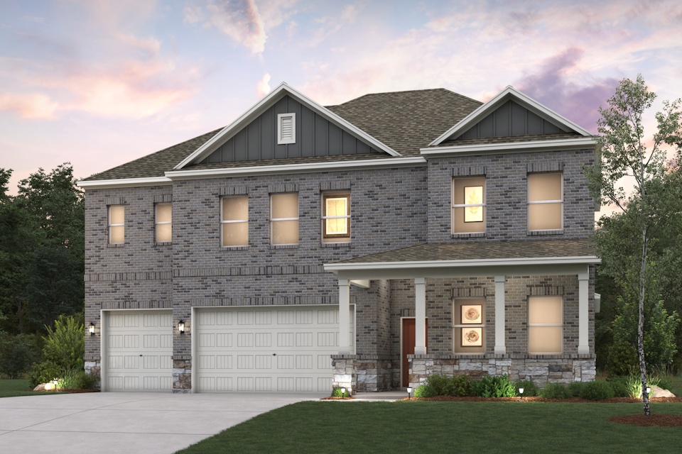 A grey house with a garage.