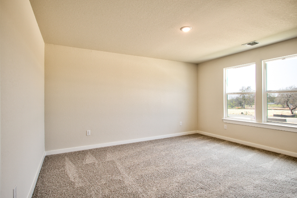 A room with a carpet and windows.