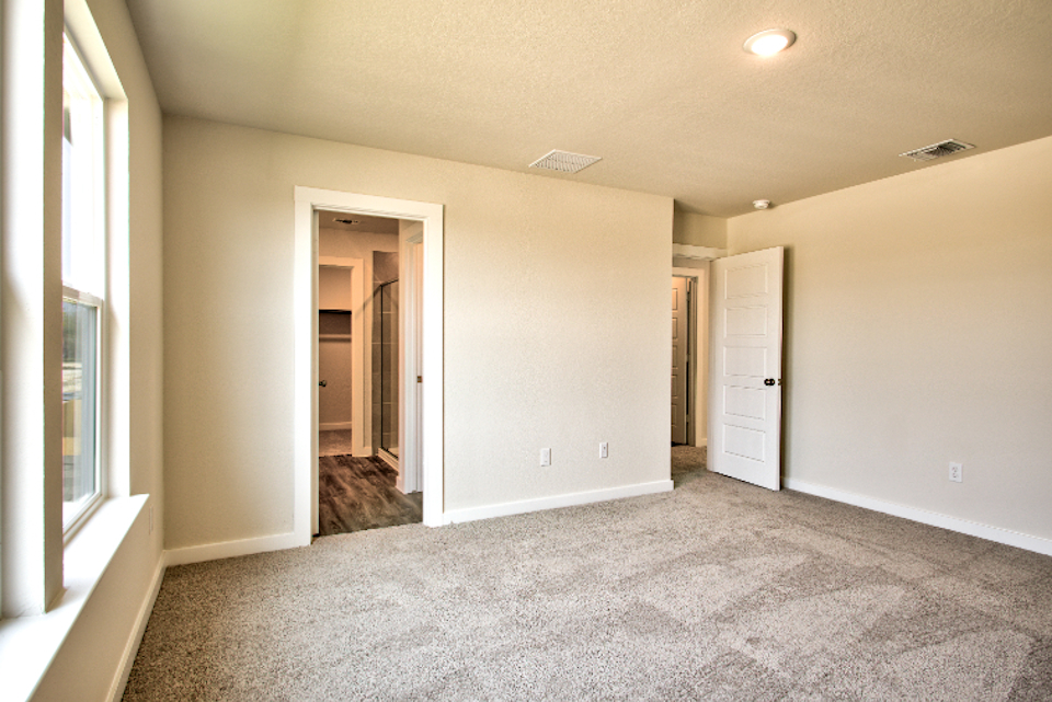 A room with a carpet and a door.