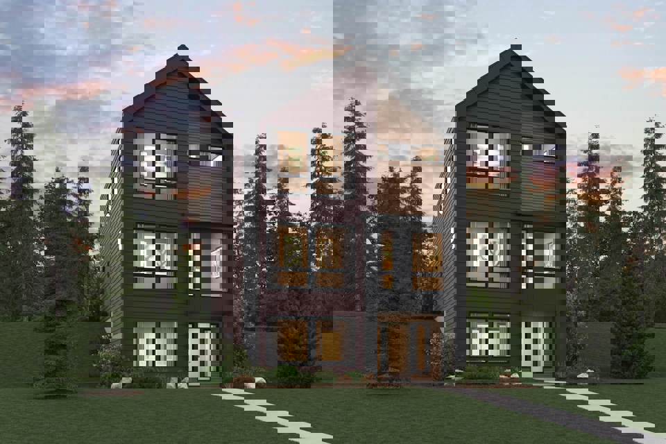 A house with a lawn and trees in the front.