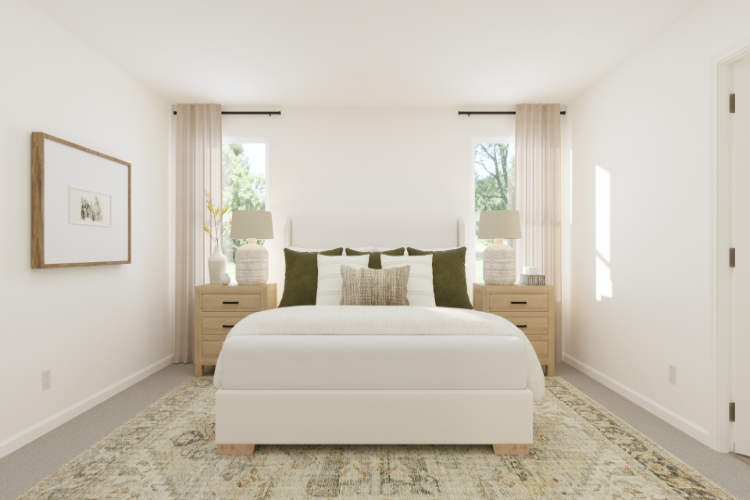 A room with a bed and lamps.