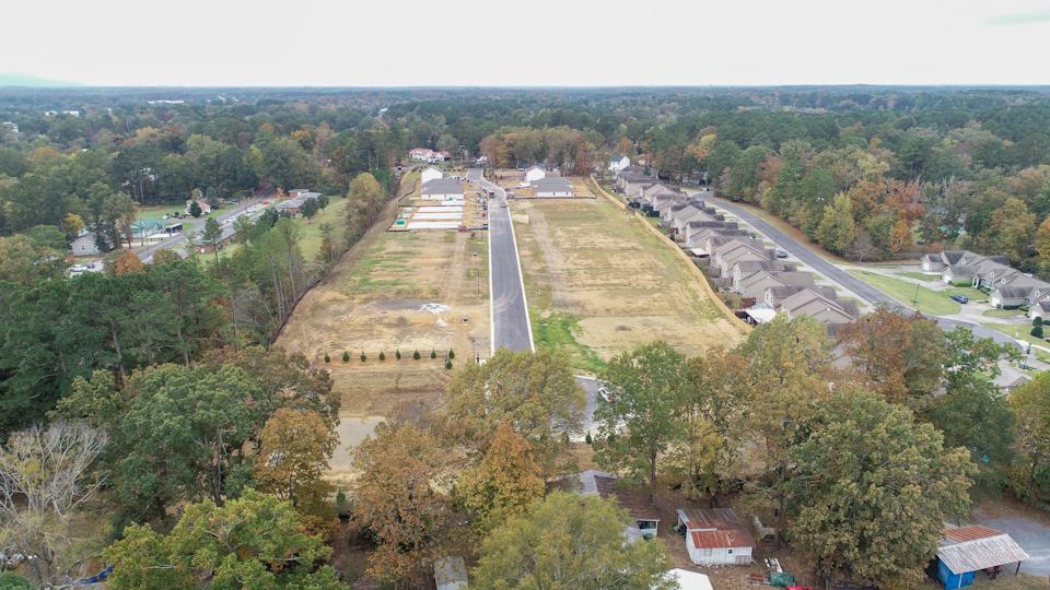 A road with trees and a bridge.