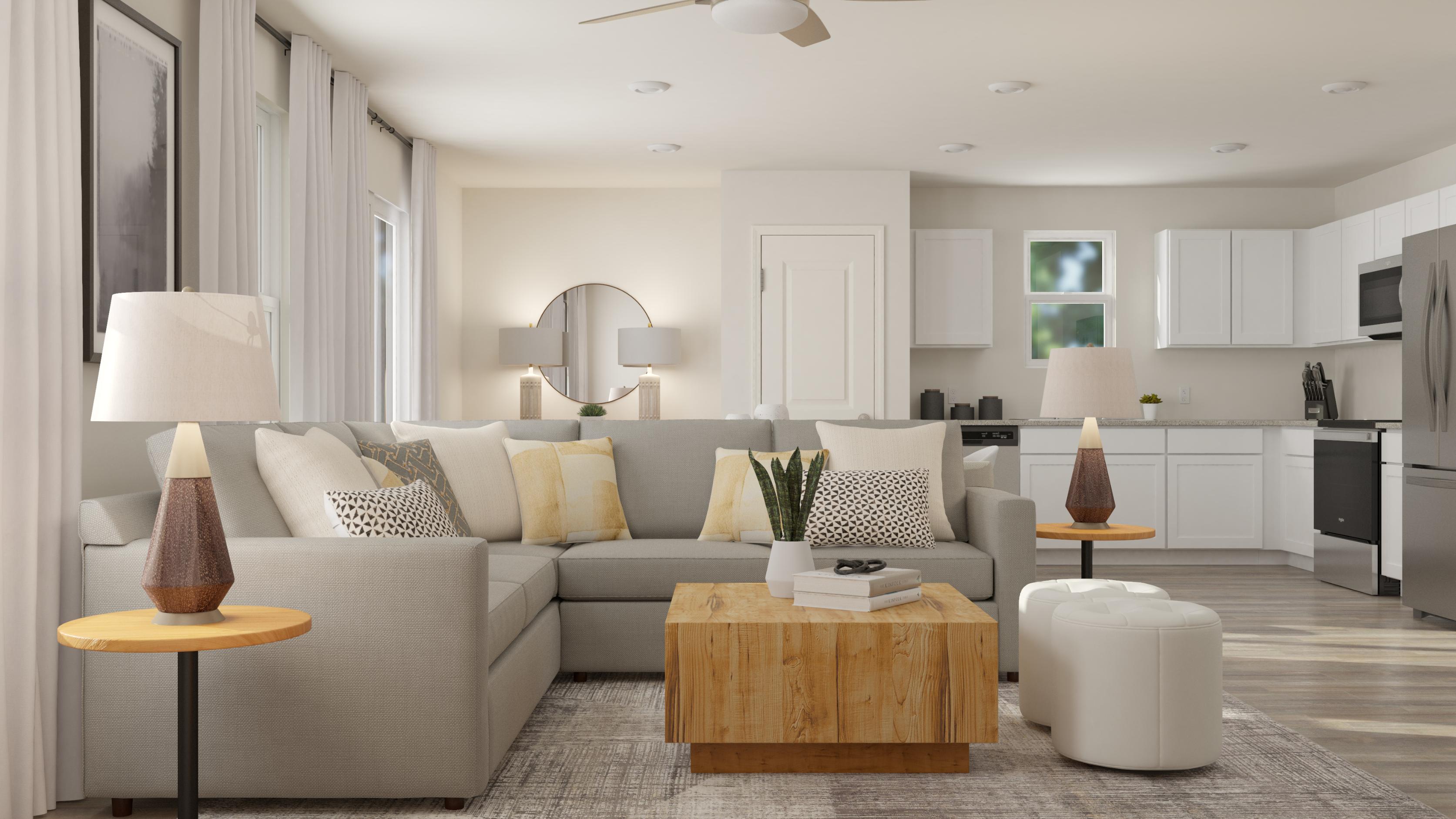 A living room with a couch and a coffee table.